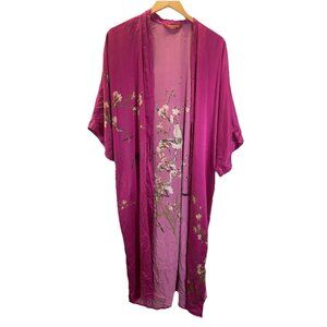 Ledamon Hot Pink Floral 100% Silk Kimono long Robe birds asian **NO Belt**‎